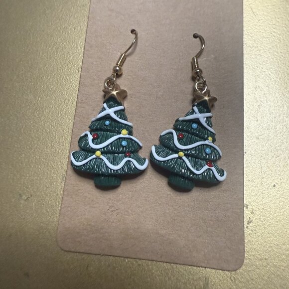 NWT Green Ceramic Christmas Tree Earrings with Gold Star Topper - Picture 3 of 3